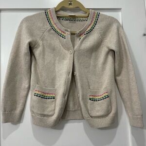 Hanna Andersson Cardigan Girls 8 Years Beige Embroidered Rainbow Stitch Button